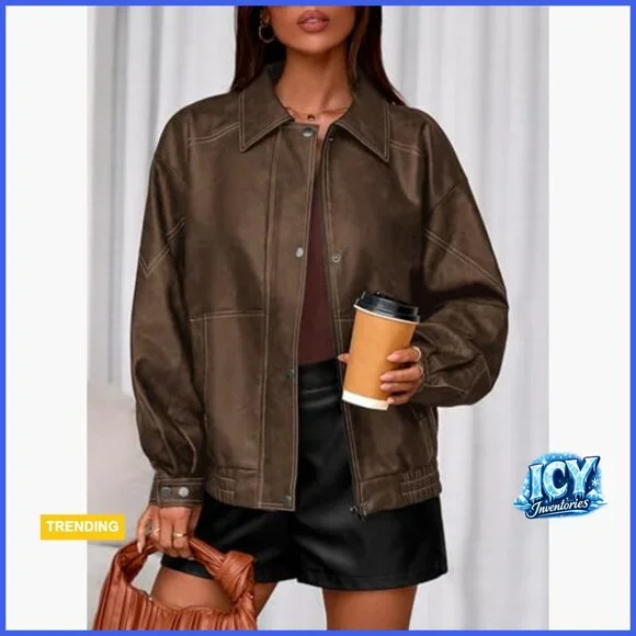 Faux Leather Bomber Jacket Women Oversized Motorcycle Zip Up - Picture 5 of 7